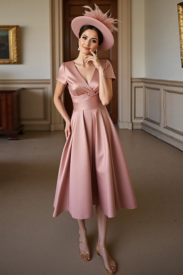 Dusty Rose Satin A Line V-Neck Mother of the Bride Dress